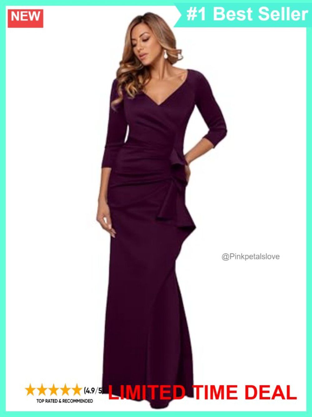 Formal Evening Gown Floor Length Bodycon V-Neck 3/4 Sleeve Ruffle Detail